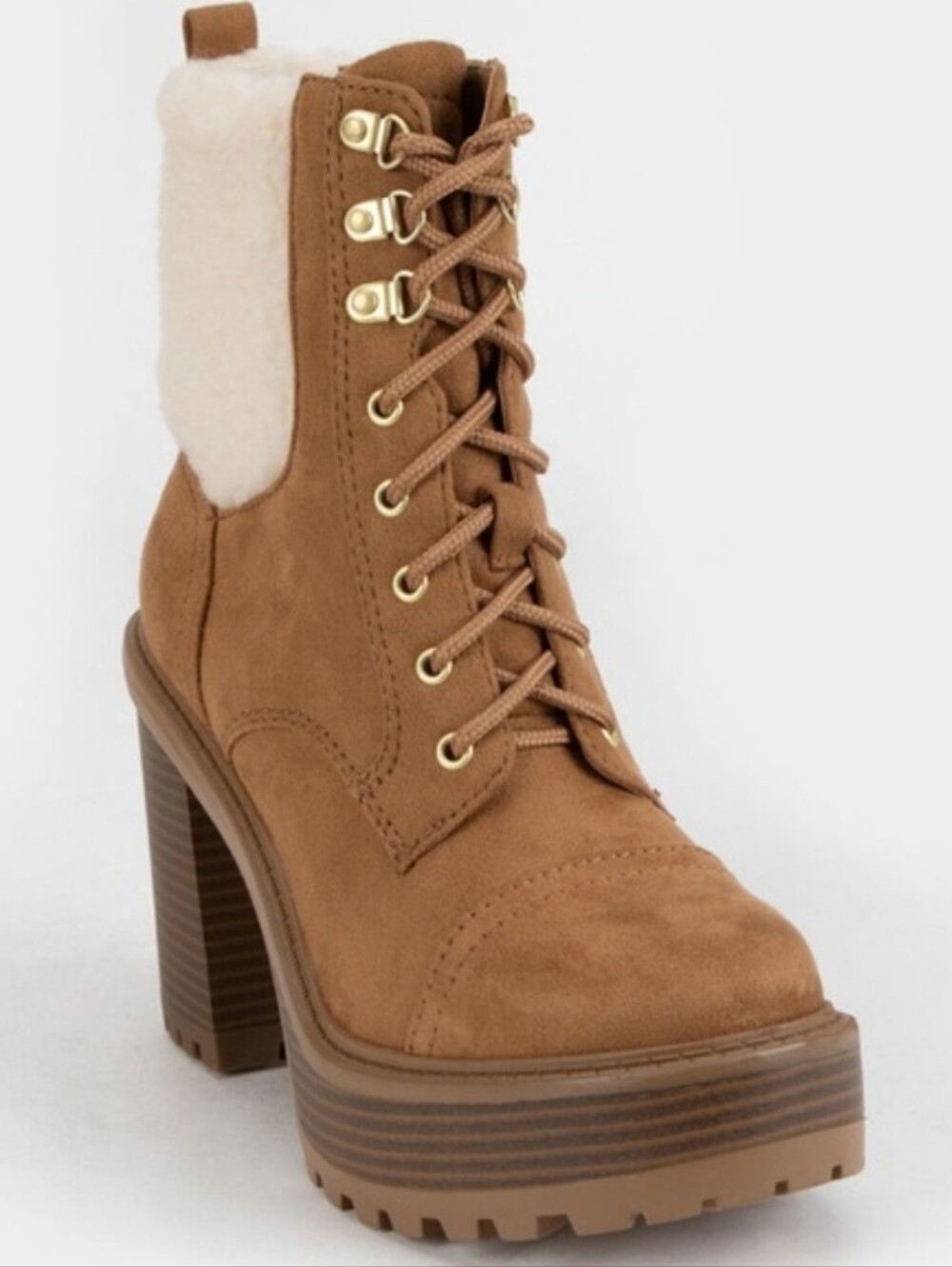 Soda Tan Lace-Up Platform Boot with Cream Fleece Collar